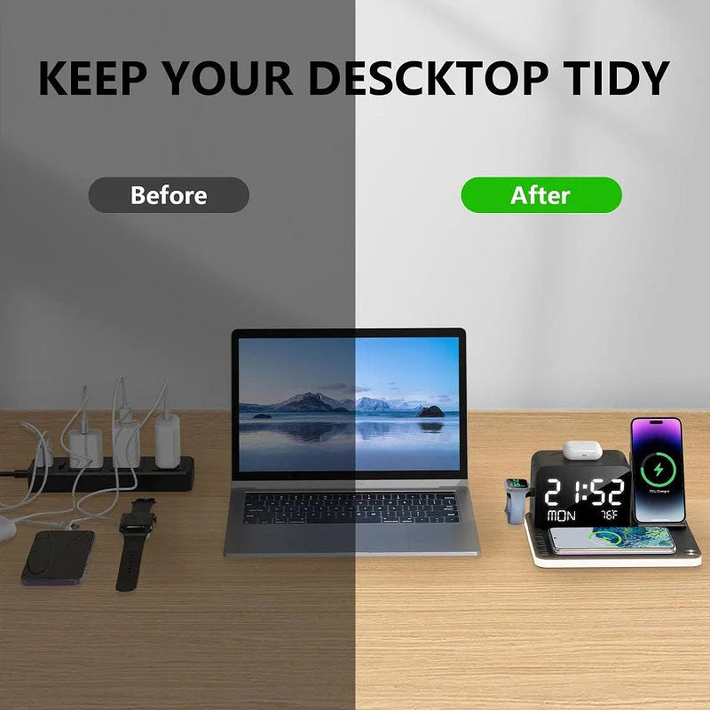 7-in-1 MagSafe schneller kabelloser Ladeständer, Dual-Handy-Ladestation, Touch-Nachtlicht, Bluetooth, Digitalanzeige, 33W-Adapter.