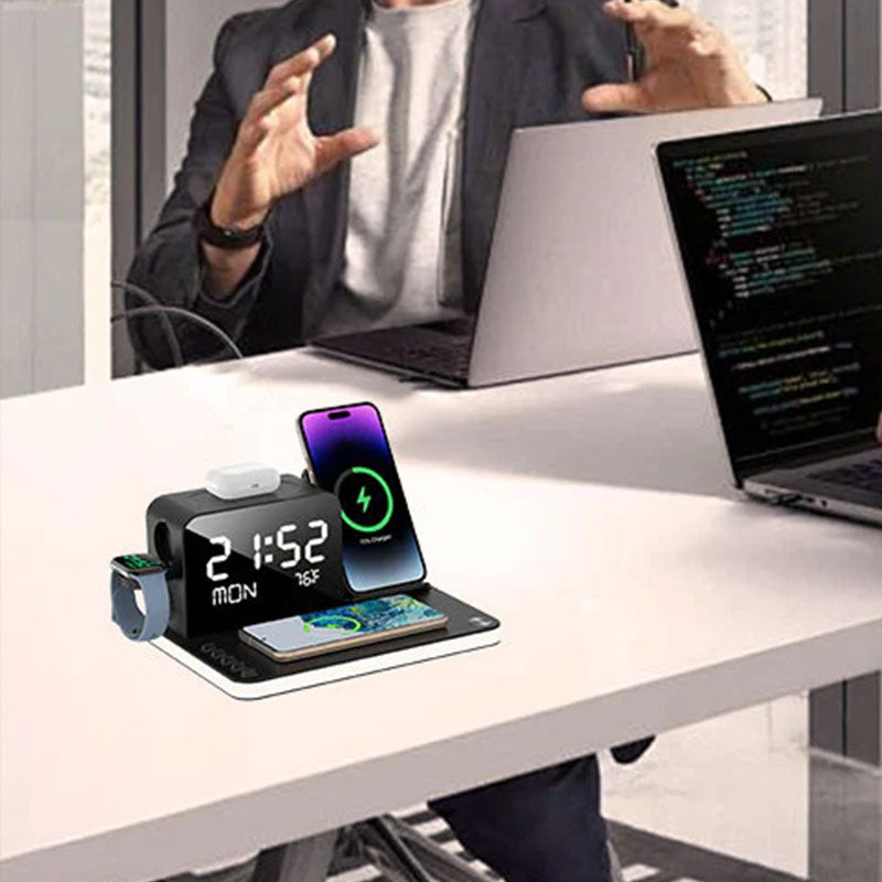 7-in-1 MagSafe schneller kabelloser Ladeständer, Dual-Handy-Ladestation, Touch-Nachtlicht, Bluetooth, Digitalanzeige, 33W-Adapter.