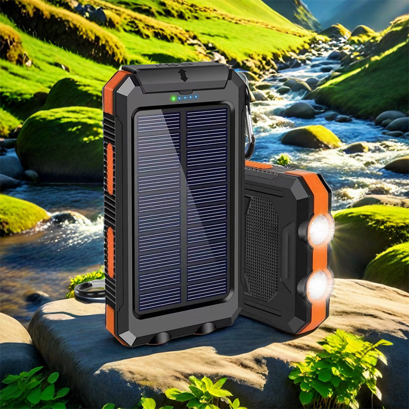 Tragbare Solar-Powerbank, Solar-Ladegerät mit zwei LED-Taschenlampen, Powerbank für Reisen und Camping