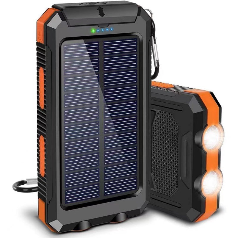 Tragbare Solar-Powerbank, Solar-Ladegerät mit zwei LED-Taschenlampen, Powerbank für Reisen und Camping