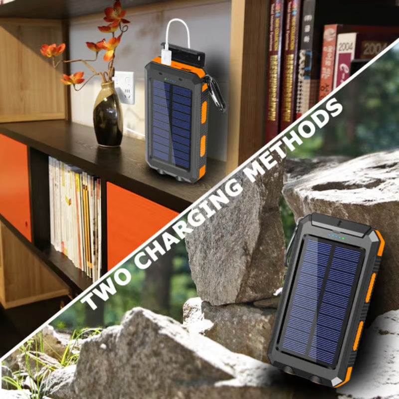 Tragbare Solar-Powerbank, Solar-Ladegerät mit zwei LED-Taschenlampen, Powerbank für Reisen und Camping
