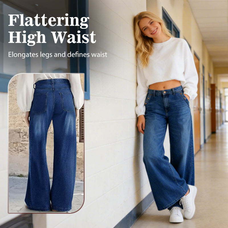 🔥Solange der Vorrat reicht 50 % Rabatt!🎉Hoch taillierte Jeans mit weitem Bein und Knopfdetail
