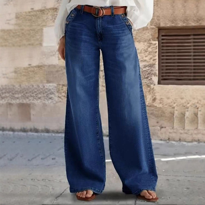🔥Solange der Vorrat reicht 50 % Rabatt!🎉Hoch taillierte Jeans mit weitem Bein und Knopfdetail