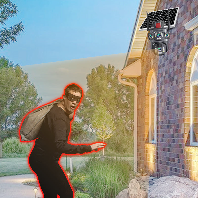 10-fach-Zoom, 3 Objektive, 6K, 9 MP, kabellose WLAN-Außenüberwachungskamera – 360° PTZ, IP66 wasserdicht, Farb-Nachtsicht, 2-Wege-Kommunikation und Bewegungserkennung