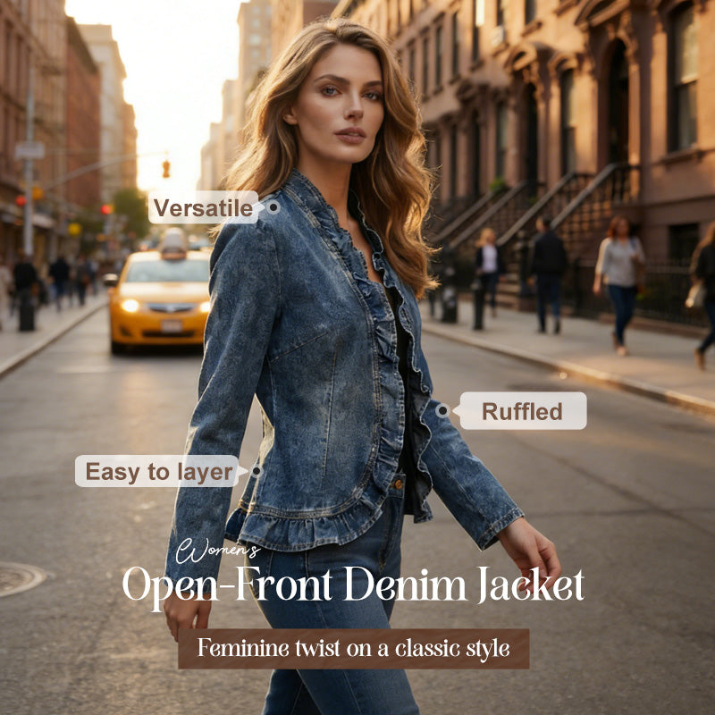 📢📢55 % RABATT !! ⏰Damen-Jeansjacke mit Rüschenbesatz und offenem Vorderteil – Leicht und feminin – Vielseitig und schick