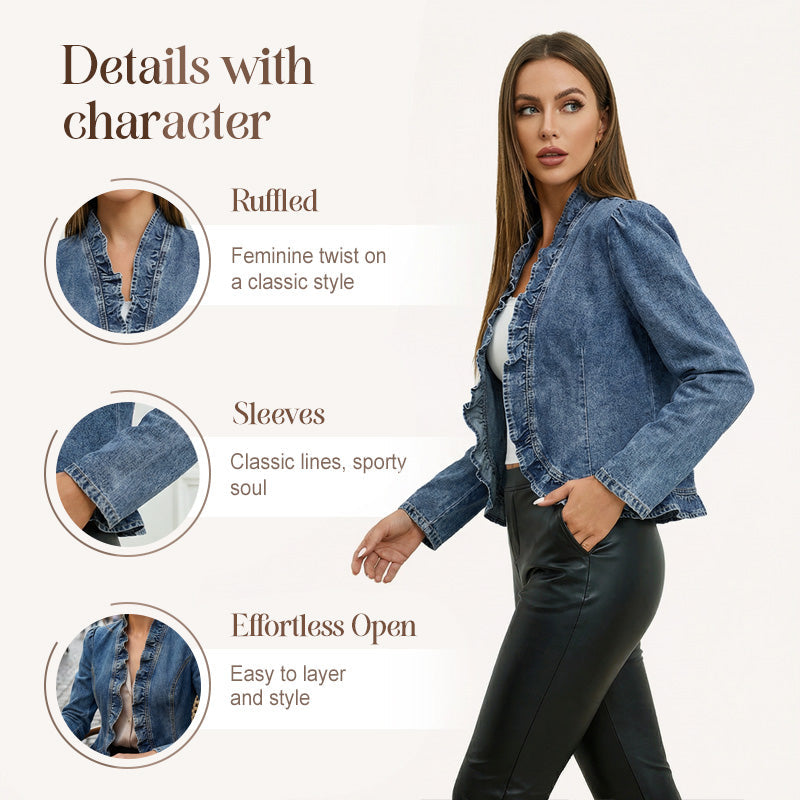 📢📢55 % RABATT !! ⏰Damen-Jeansjacke mit Rüschenbesatz und offenem Vorderteil – Leicht und feminin – Vielseitig und schick
