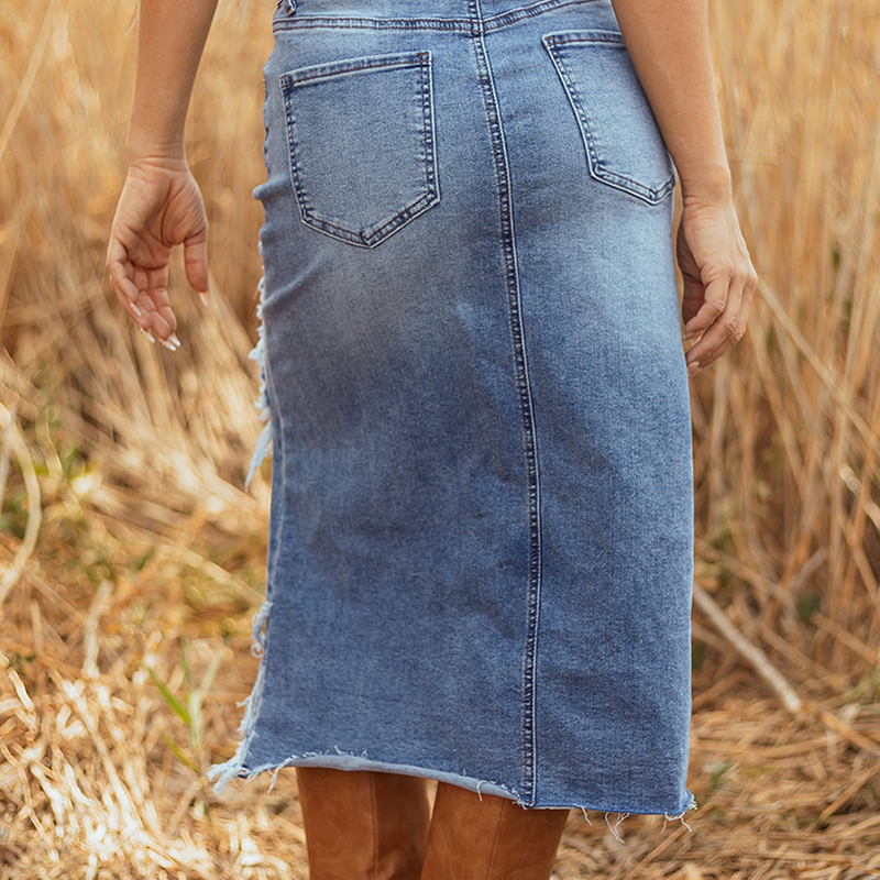 🔥Solange der Vorrat reicht 50 % Rabatt!🎉Damen-Hochbund-Ripped-Denim-Midi-Rock