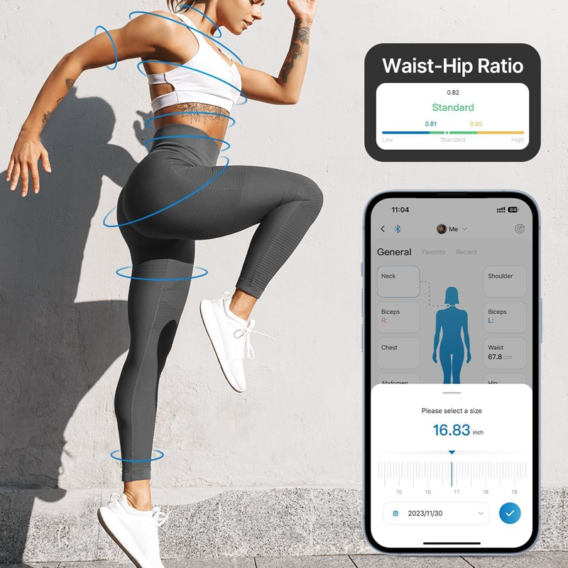 Maßband Körper Smart Körpermassband, Bluetooth Massband Körper zum Messen der Körperumfänge von Bizeps, Brust, Hüfte, Waden, Oberschenkel und Hals, Maßband Nähen in CM Oder Zoll