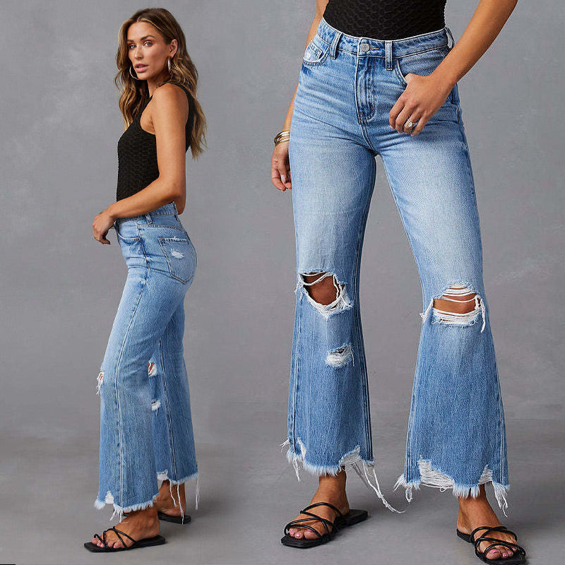 Damen Jeans mit hoher Taille, Rissen und ausgestelltem Bein