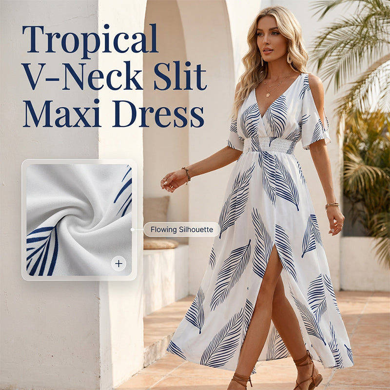 👗 50% RABATT! 🌴 Tropen-Print Kleid mit V-Ausschnitt & Gehschlitz – Leicht, luftig & perfekt für Strand, Urlaub oder heiße Tage – Ein sommerlicher Hingucker mit lässiger Eleganz ☀️✨
