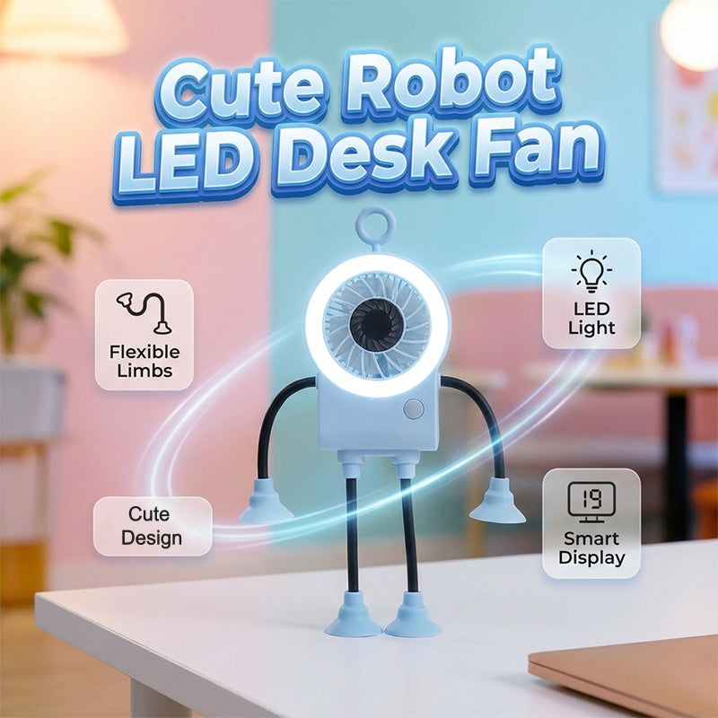 🌀 50% RABATT! 🎁 Flexibler Roboter-Tischventilator mit LED-Licht – 360° ausrichtbar & leise – Perfekt für Kinderzimmer, Schreibtisch oder Reisen – kühle Brise mit niedlichem Design 🤖