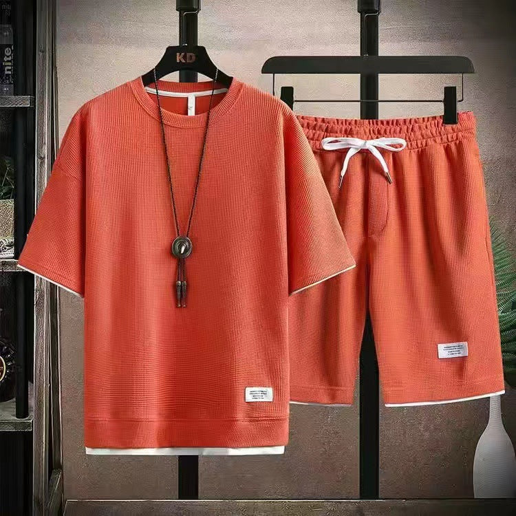 Herren 2-teiliges Set aus Waffelstoff: Kurzarm-T-Shirt & Shorts