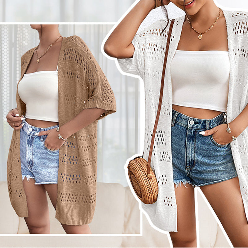 🧥 50% RABATT! 🌸 Damen Cardigan-Weste mit Kurzarm & Lochmuster – Leicht, Lässig & Perfekt Für Kühle Sommerabende Oder Frische Tage ☀️