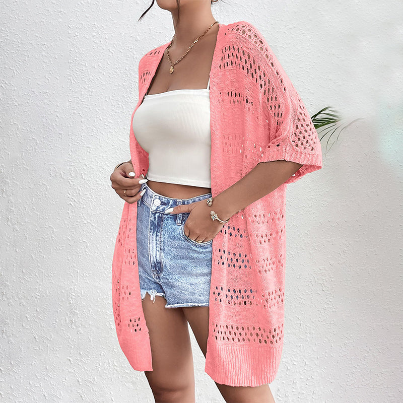 🧥 50% RABATT! 🌸 Damen Cardigan-Weste mit Kurzarm & Lochmuster – Leicht, Lässig & Perfekt Für Kühle Sommerabende Oder Frische Tage ☀️