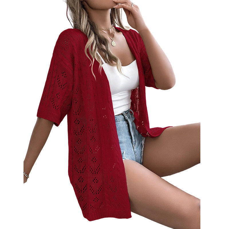 🧥 50% RABATT! 🌸 Damen Cardigan-Weste mit Kurzarm & Lochmuster – Leicht, Lässig & Perfekt Für Kühle Sommerabende Oder Frische Tage ☀️