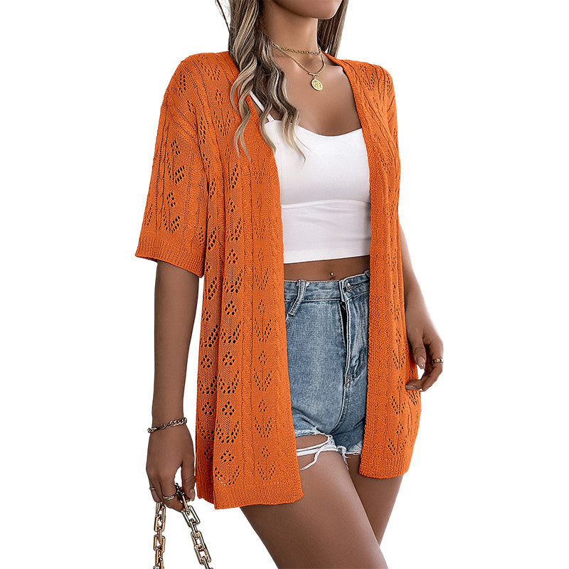 🧥 50% RABATT! 🌸 Damen Cardigan-Weste mit Kurzarm & Lochmuster – Leicht, Lässig & Perfekt Für Kühle Sommerabende Oder Frische Tage ☀️