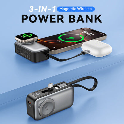 🌞⚡3-in-1 Magnetische Mini Powerbank – Integrierte Kabel & Drehstecker – 5000 mAh – Kabelloses Laden für iPhone, Watch & Android – Ultra kompakt