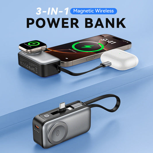 🌞⚡3-in-1 Magnetische Mini Powerbank – Integrierte Kabel & Drehstecker – 5000 mAh – Kabelloses Laden für iPhone, Watch & Android – Ultra kompakt