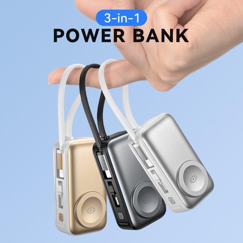 🌞⚡3-in-1 Magnetische Mini Powerbank – Integrierte Kabel & Drehstecker – 5000 mAh – Kabelloses Laden für iPhone, Watch & Android – Ultra kompakt