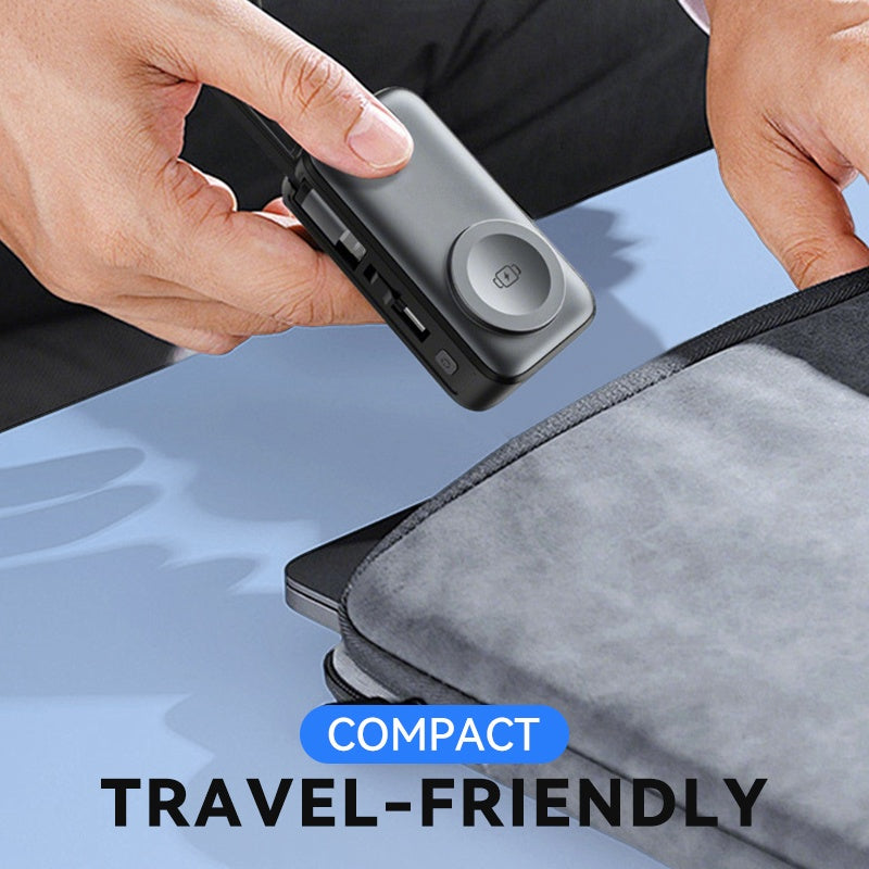 🌞⚡3-in-1 Magnetische Mini Powerbank – Integrierte Kabel & Drehstecker – 5000 mAh – Kabelloses Laden für iPhone, Watch & Android – Ultra kompakt