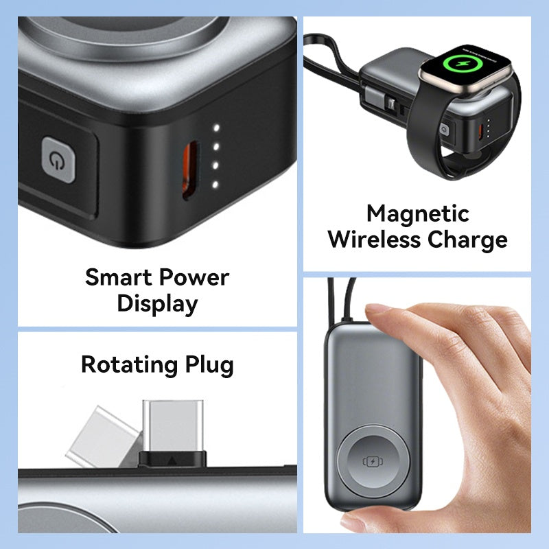 🌞⚡3-in-1 Magnetische Mini Powerbank – Integrierte Kabel & Drehstecker – 5000 mAh – Kabelloses Laden für iPhone, Watch & Android – Ultra kompakt