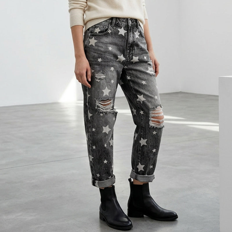 ✨ LIMITED-TIME 50% RABATT! | Damen-Jeans mit Sternmuster und Used-Look, hohe Taille