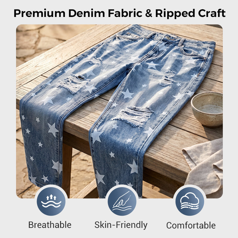 ✨ LIMITED-TIME 50% RABATT! | Damen-Jeans mit Sternmuster und Used-Look, hohe Taille