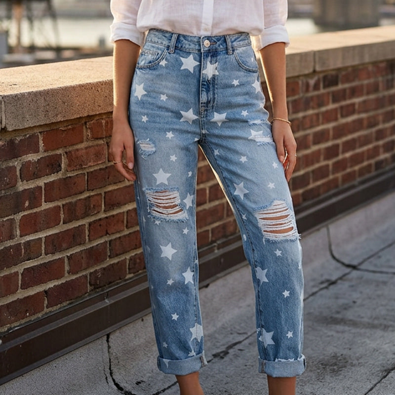 ✨ LIMITED-TIME 50% RABATT! | Damen-Jeans mit Sternmuster und Used-Look, hohe Taille