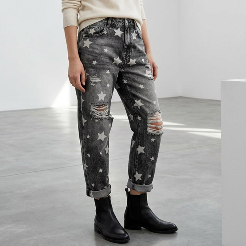 ✨ LIMITED-TIME 50% RABATT! | Damen-Jeans mit Sternmuster und Used-Look, hohe Taille