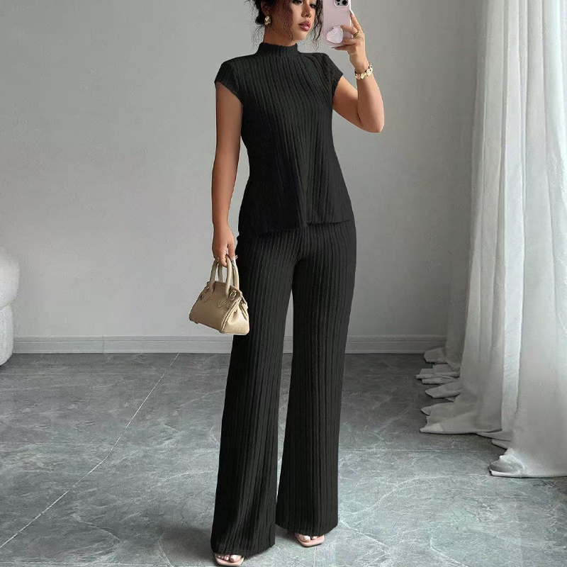 👗 JETZT 50 % RABATT! 🌸 Elegantes 2-teiliges Set aus Oberteil mit Stehkragen und Hose mit weitem Bein – gerippte Struktur, fließende Silhouette und vielseitiger Stil ✨