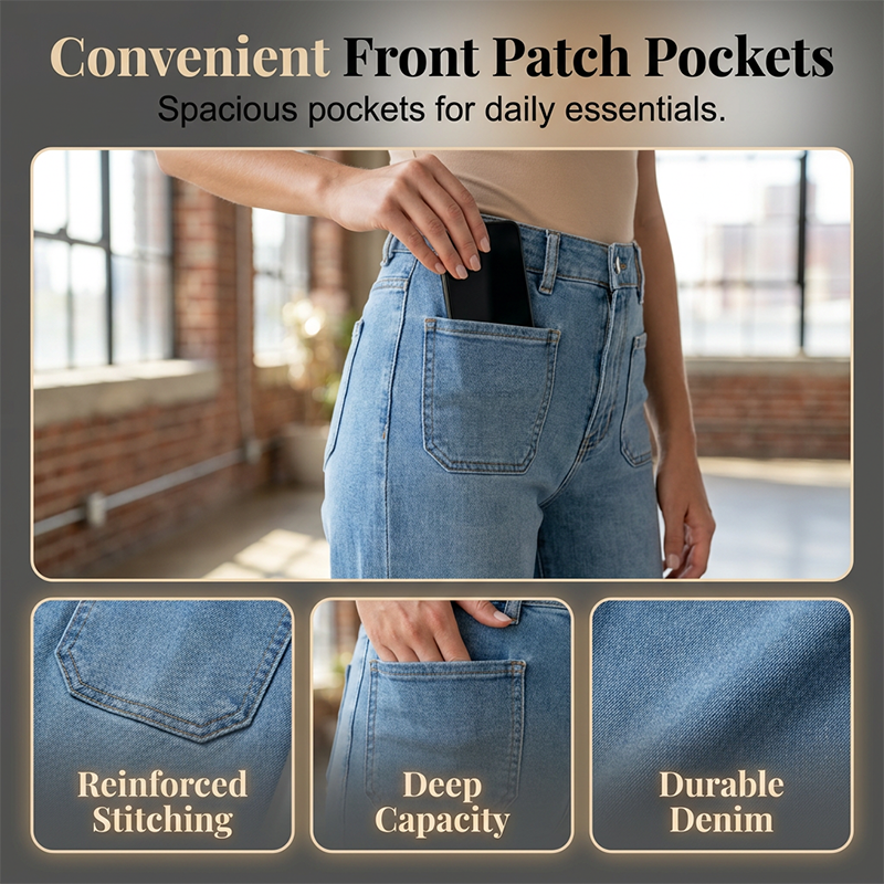 Lässige Damenjeans mit weitem Bein und aufgesetzten Taschen