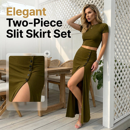 ✨🔥Elegantes figurbetontes Zweiteiler: Kurzes Crop Top und Midirock mit Schlitz