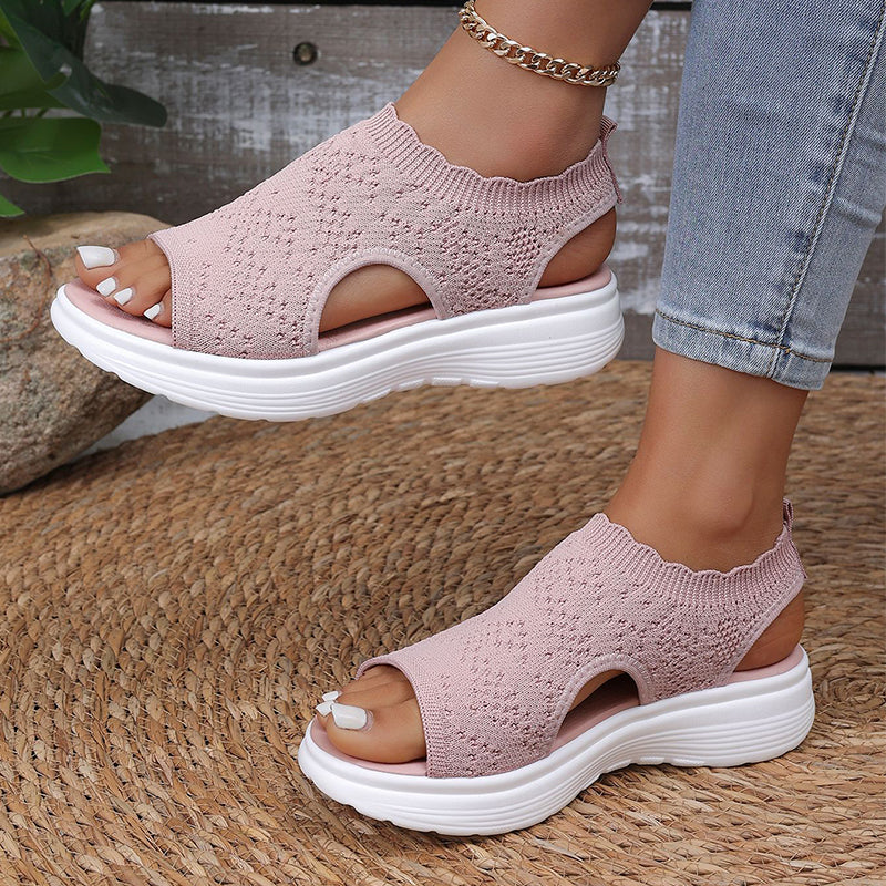 👡Damen Plateau-Sandalen aus atmungsaktivem Strickgewebe – Schlupf-Slipper mit dämpfender Sohle für Sommer, Alltag & Spaziergang