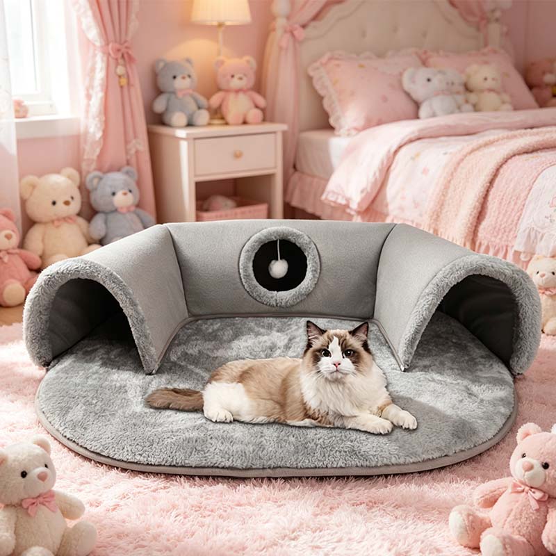 🐱 Plüsch-Katzenbett mit Tunnel 🛤️｜2-in-1 Katzenhaus