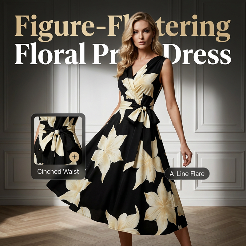 👗✨ 50% RABATT! Figurbetonendes A-Linien Blumenkleid – Sommerliches ärmelloses Midi-Kleid mit Taillenband für den perfekten Auftritt 🌸