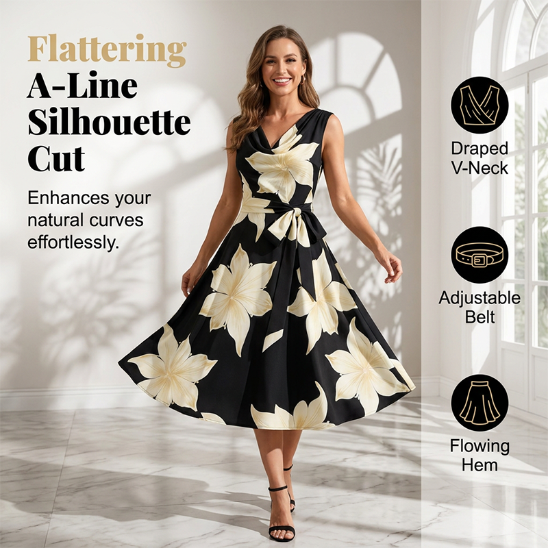 👗✨ 50% RABATT! Figurbetonendes A-Linien Blumenkleid – Sommerliches ärmelloses Midi-Kleid mit Taillenband für den perfekten Auftritt 🌸