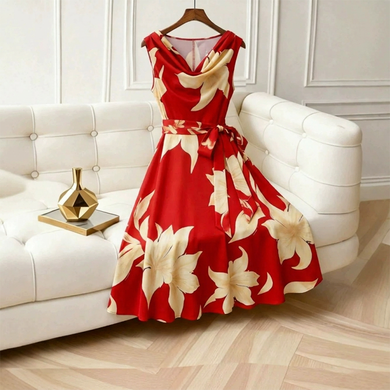 👗✨ 50% RABATT! Figurbetonendes A-Linien Blumenkleid – Sommerliches ärmelloses Midi-Kleid mit Taillenband für den perfekten Auftritt 🌸