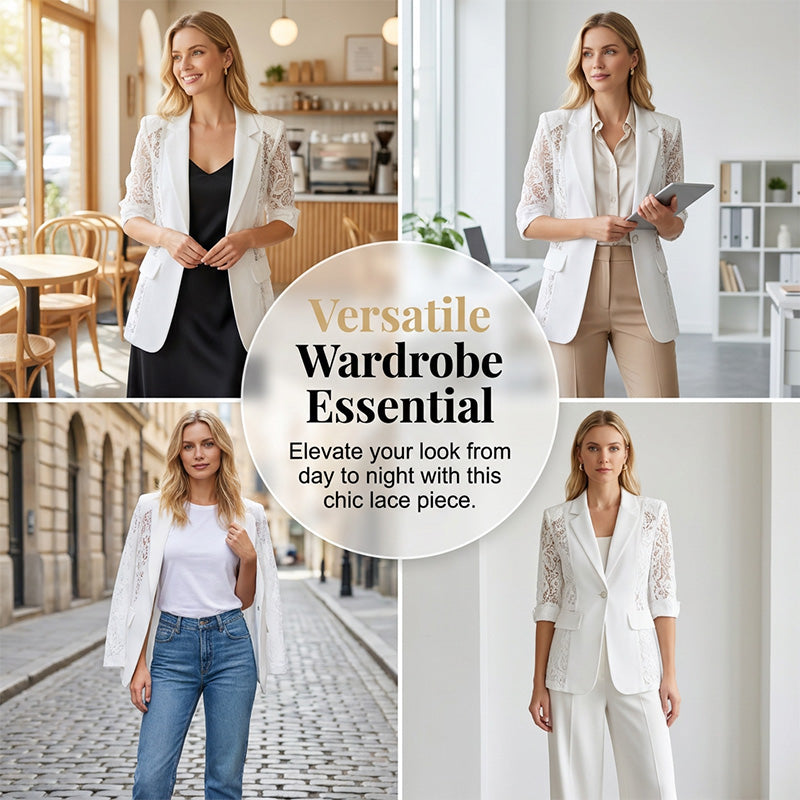 🌹 50 % RABATT JETZT! 🌹Weißer Spitzen-Blazer – Slim Fit, 3/4-Ärmel & Eleganz für Tag & Nacht – Leicht, luftig – perfekt für Hochzeiten, Büro oder besondere Abende 👑
