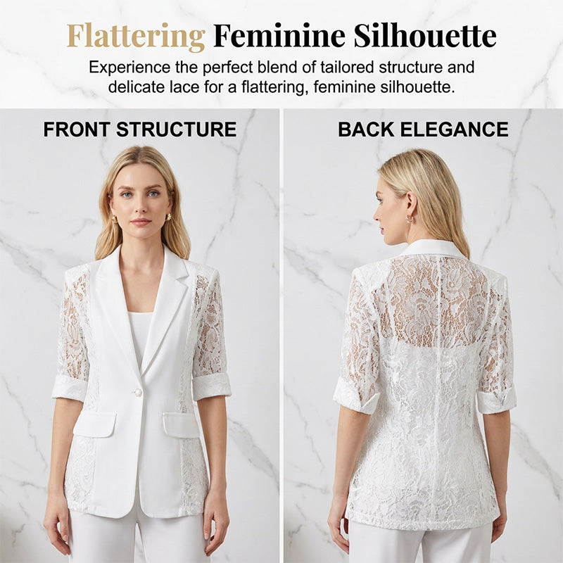 🌹 50 % RABATT JETZT! 🌹Weißer Spitzen-Blazer – Slim Fit, 3/4-Ärmel & Eleganz für Tag & Nacht – Leicht, luftig – perfekt für Hochzeiten, Büro oder besondere Abende 👑