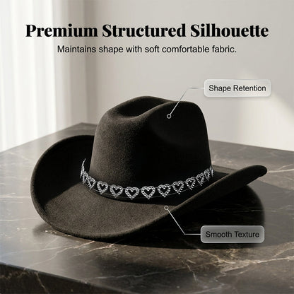 Damen Strass-Herz Cowboyhut Eleganter Französischer Jazz Fedora