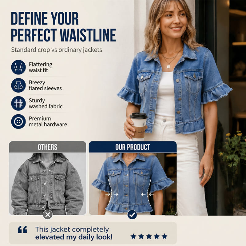 ⏳ Befristetes Angebot – 50% Rabatt ⏰ Damen-Sommer-Jeansjacke mit Rüschenärmeln 🧥