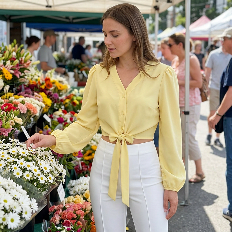 ✨🔥Elegantes Damenoberteil mit V-Ausschnitt und Bindegürtel