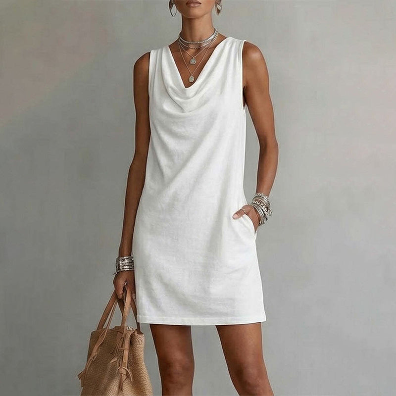 📢📢50% RABATT!! ⏰ Elegantes Slim-Fit-Kleid mit Wasserfallausschnitt – Ärmellos, Seitentaschen, Vielseitig ✨