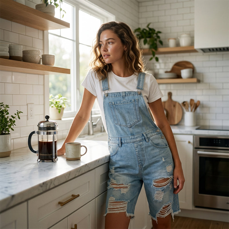 Damen Destroyed Denim Latzhose Shorts
