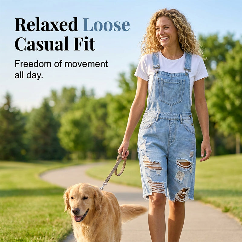 Damen Destroyed Denim Latzhose Shorts