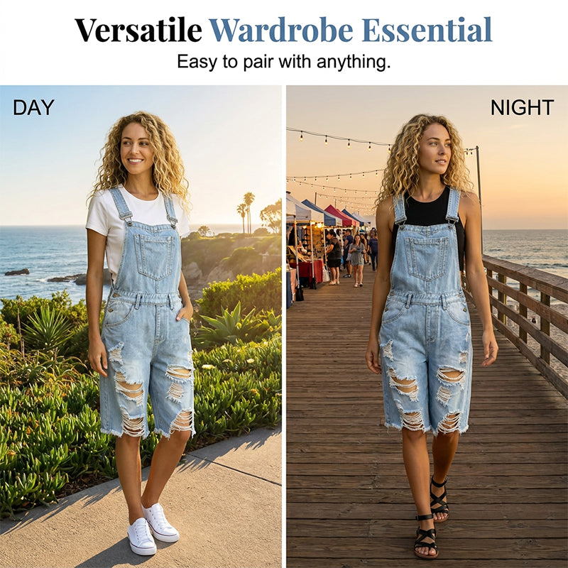Damen Destroyed Denim Latzhose Shorts