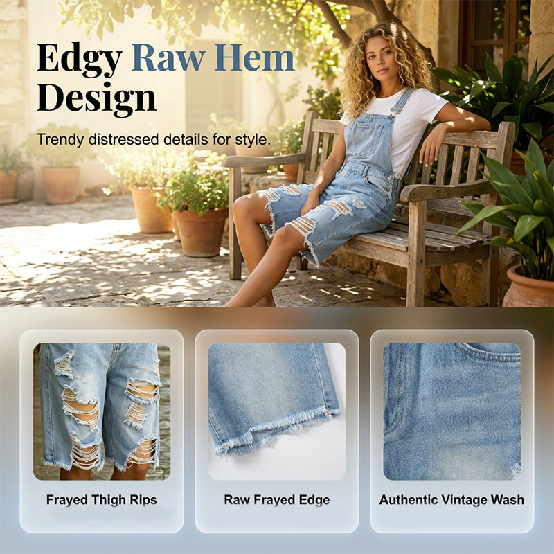 Damen Destroyed Denim Latzhose Shorts