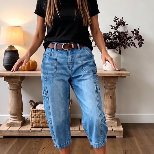 ✈️Versandkostenfrei🔥 Letzter Tag! 50% Rabatt Damen 3/4 Cargo Jeans ✨ Lässige elastische verkürzte Jeans für Alltag & Freizeit