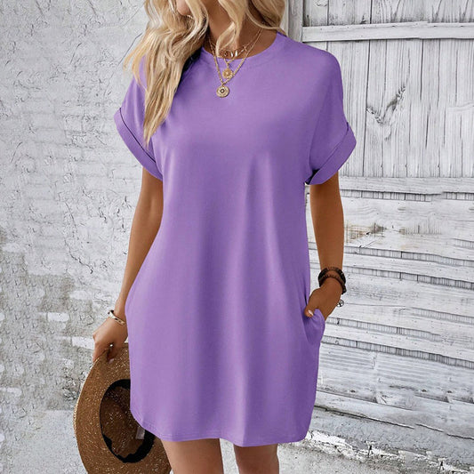 👗 Damen-Tunika-Kleid mit Rundhals – einfarbig, lockere Passform mit praktischen Taschen, vielseitig & bequem für Alltag, Freizeit & Reisen 🌿
