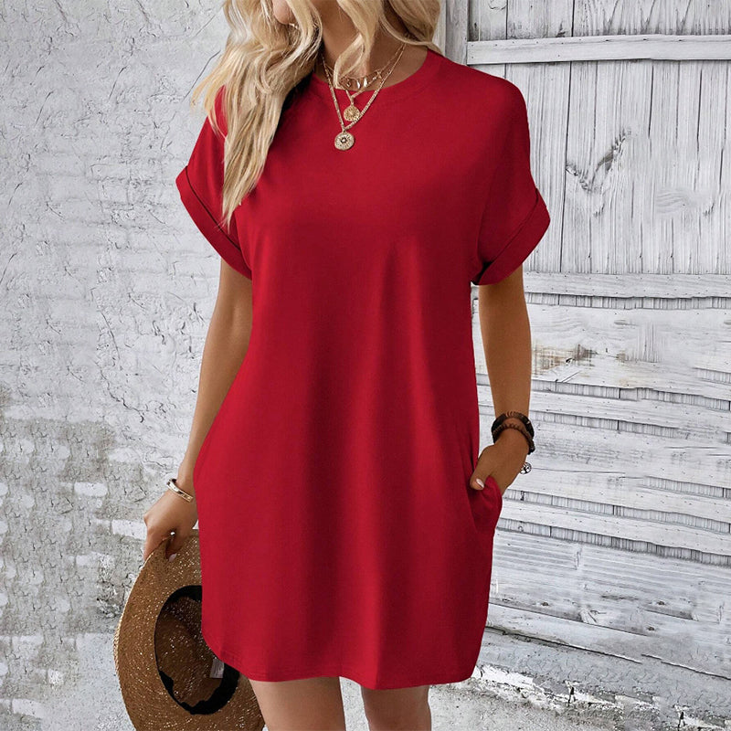 👗 Damen-Tunika-Kleid mit Rundhals – einfarbig, lockere Passform mit praktischen Taschen, vielseitig & bequem für Alltag, Freizeit & Reisen 🌿
